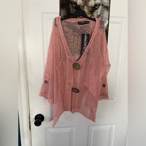 Nina Leonard Tops - Nina Leonard Light Pink Crochet Mesh Cardigan with Decorative Buttons. Size L